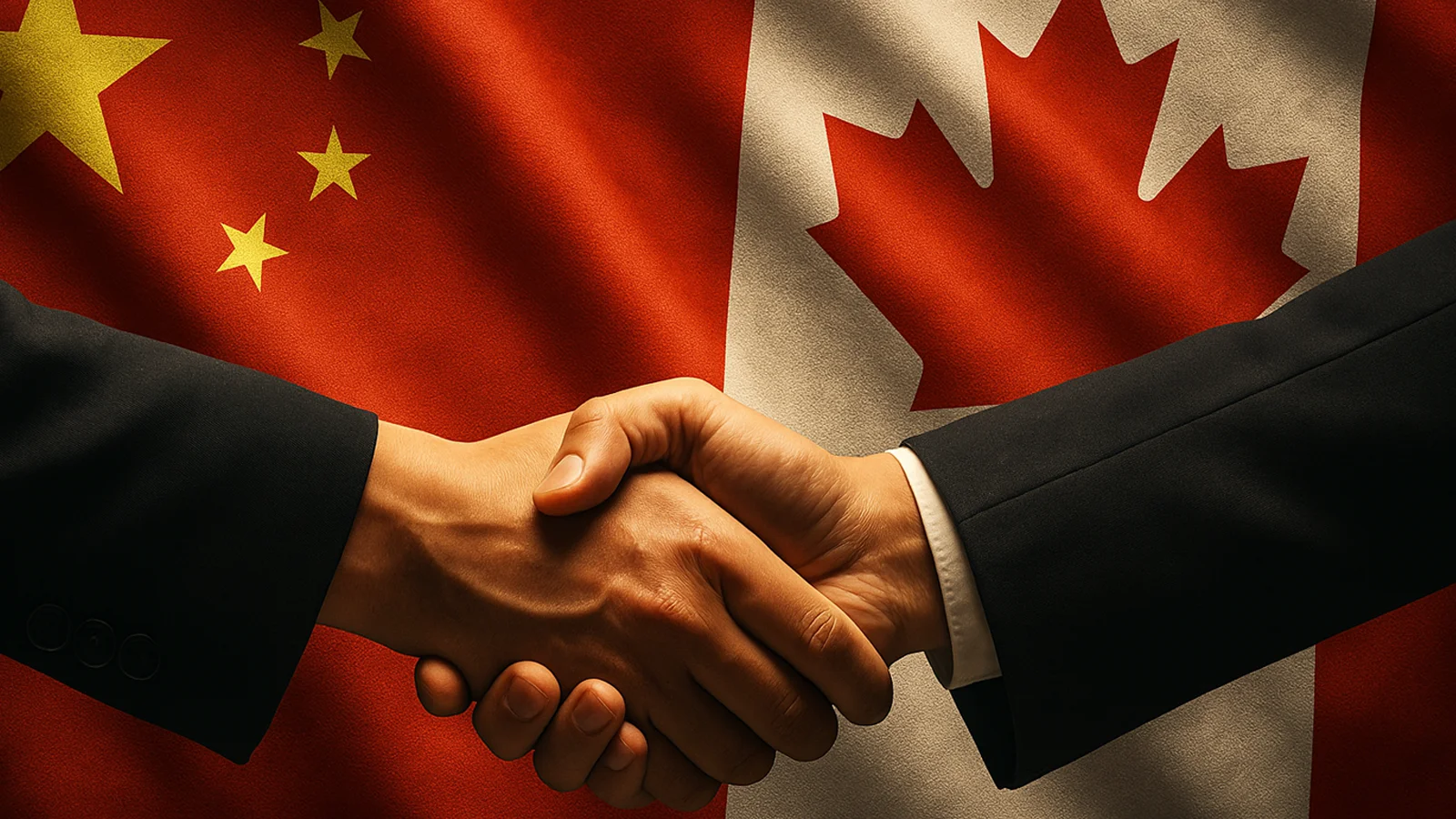 中加两国国旗背景下的握手，象征合作与外交关系重启