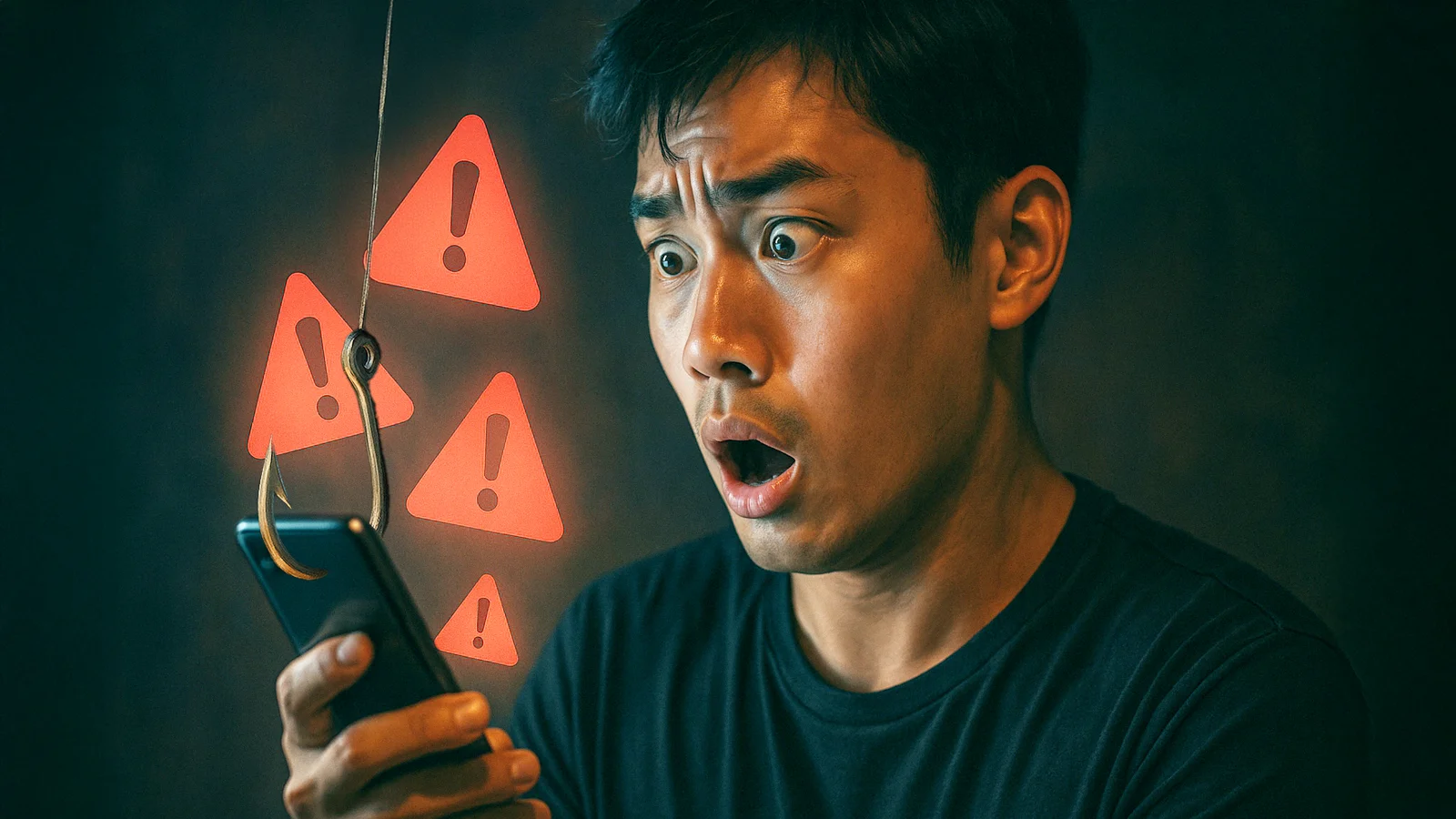 A man looks shocked at his smartphone screen showing red warning icons and a fishing hook, symbolizing a phishing scam risk