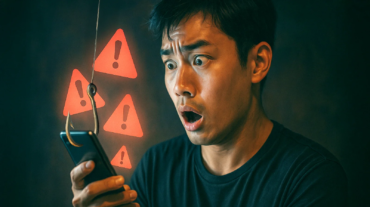 A man looks shocked at his smartphone screen showing red warning icons and a fishing hook, symbolizing a phishing scam risk