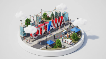 渥太华城市艺术装置，红蓝字母“OTTAWA”，周围有市集和市民活动的场景