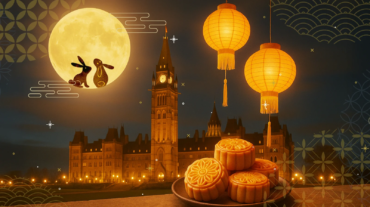 渥太华国会山中秋节夜景，满月、玉兔、灯笼与月饼营造节日气氛
