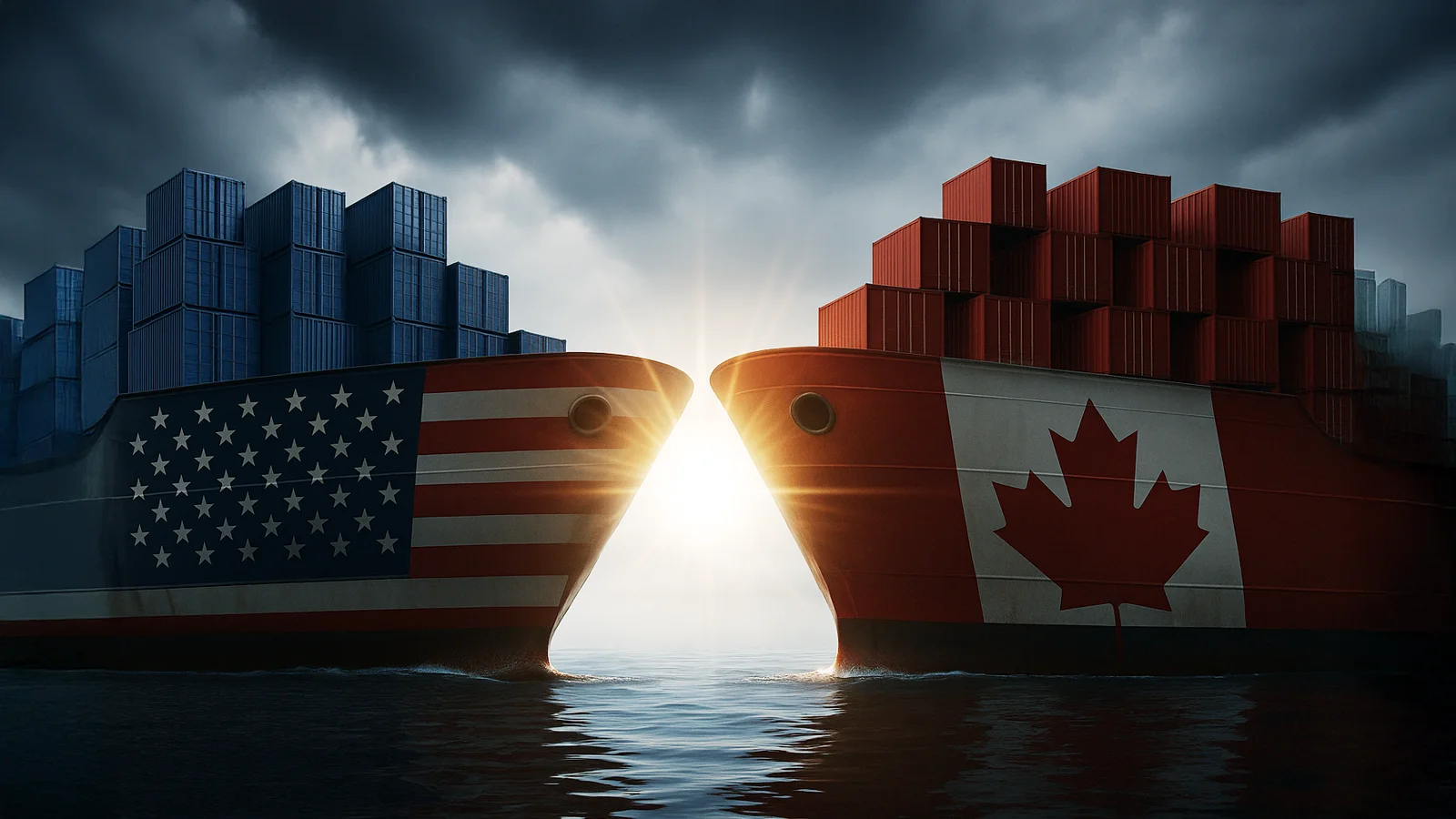 美加贸易拉锯战，两艘分别涂有美国国旗和加拿大国旗的货轮在海面上对峙