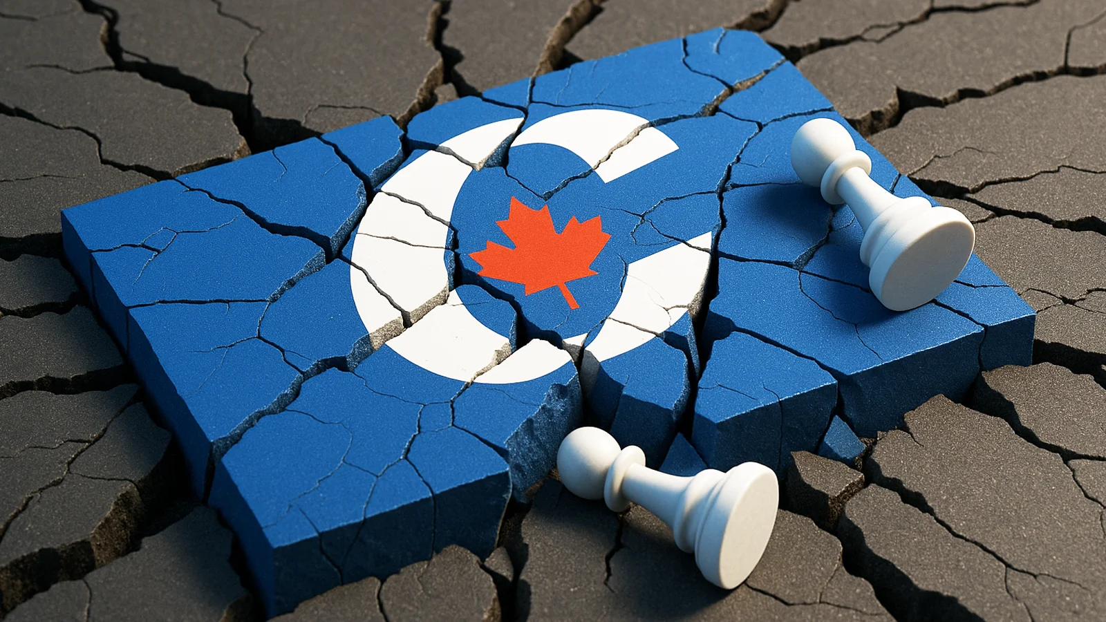 3D illustration of a cracked blue Conservative Party flag with two fallen chess pieces symbolizing political turmoil in Canada. 一幅3D图像，展示破裂的蓝色保守党旗，两枚棋子被震落，象征加拿大政坛的动荡。