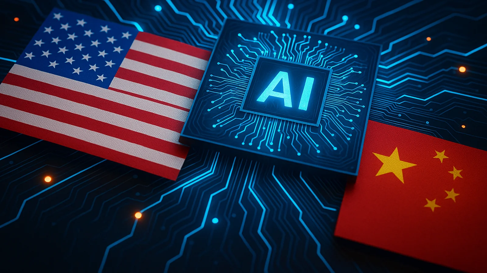 中美两国国旗与象征人工智能的芯片并列，呈现 AI 科技竞争主题的封面图。