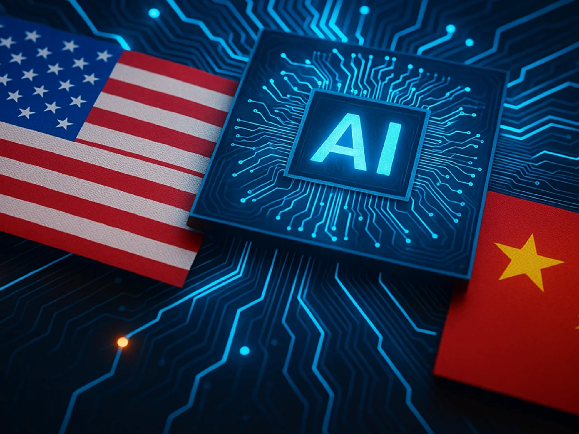中美两国国旗与象征人工智能的芯片并列，呈现 AI 科技竞争主题的封面图。