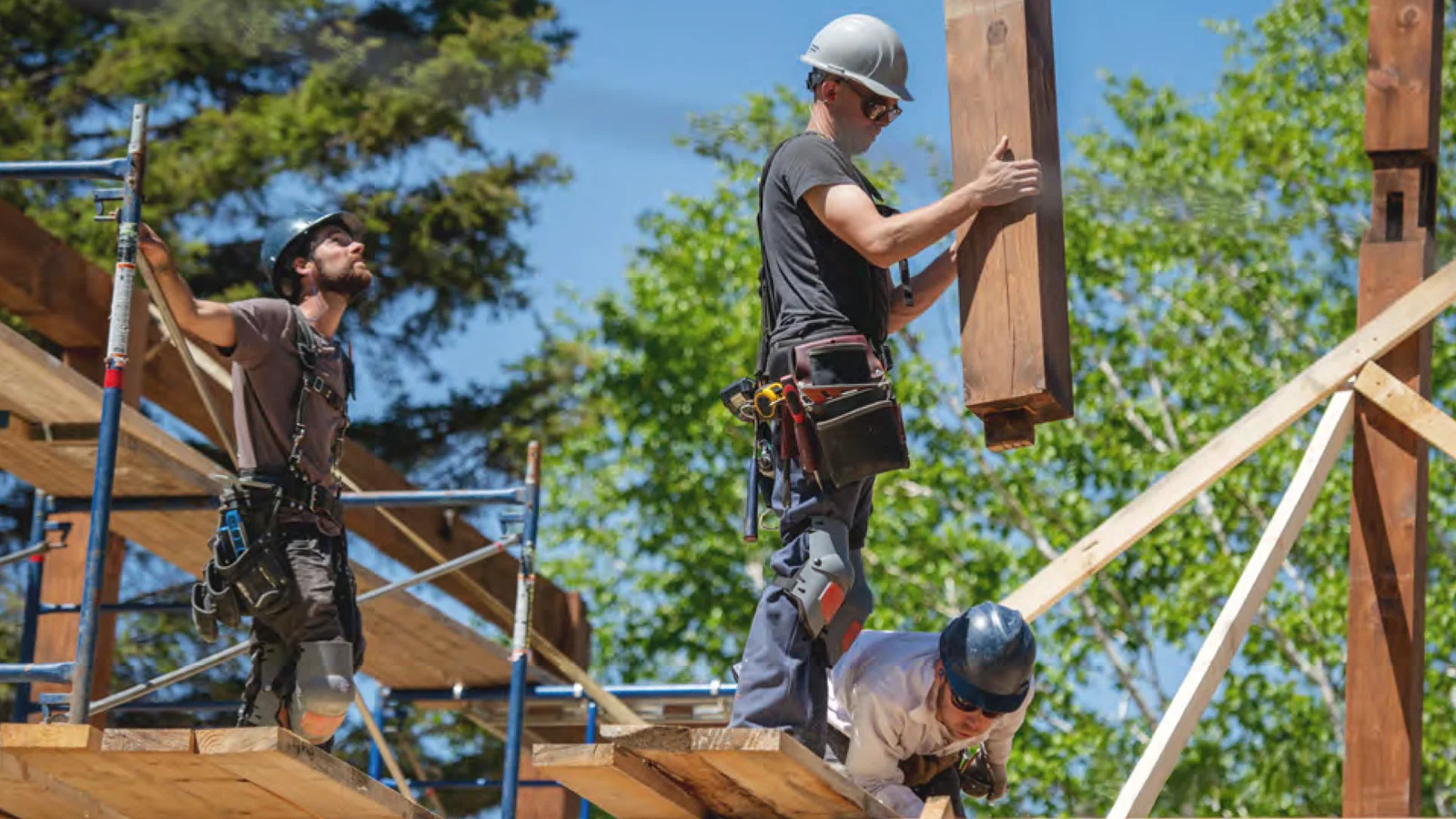建筑工人正在搭建木结构房屋，象征加拿大2025年度预算案中的住房建设与就业投资计划。