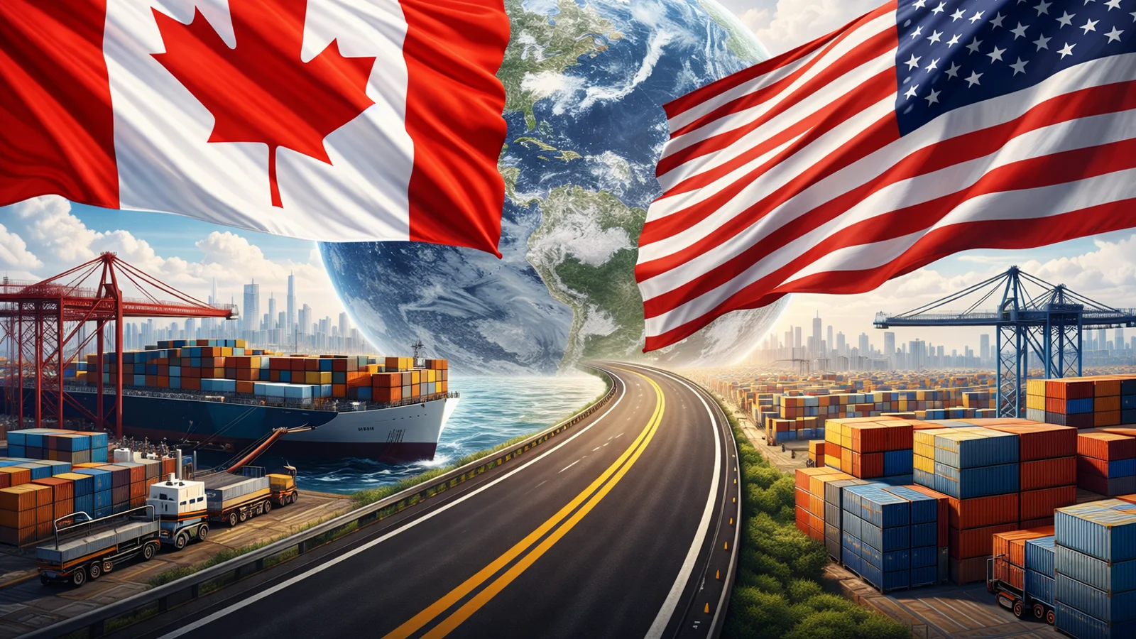 加拿大与美国国旗并列，象征贸易结构调整与出口多元化的全球航运场景