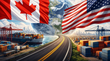 加拿大与美国国旗并列，象征贸易结构调整与出口多元化的全球航运场景